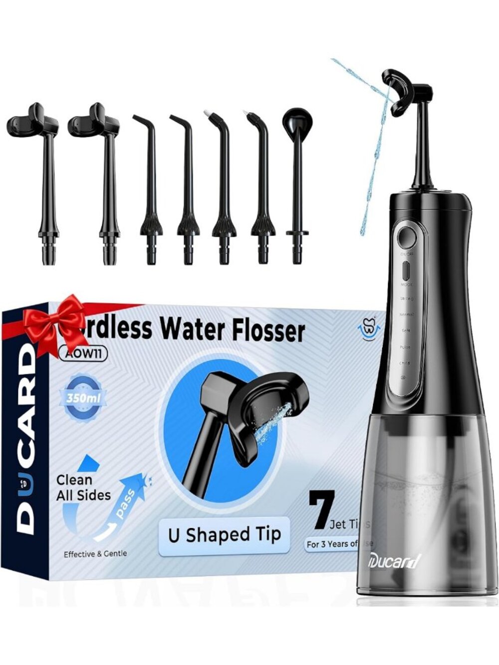 Cordless Water Flosser, U-Shaped Nozzle, 350ML Tank, 7 Jet Tips for Oral Care